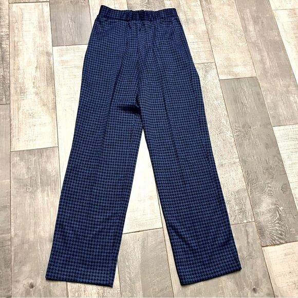 Vtg 60s 70s Houndstooth Blue Black Houndstooth Knit High Waist Stretch Pant M - Picture 1 of 13